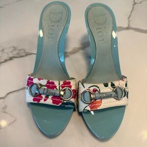 Dior Blue Patent Floral Canvas Slide Mules